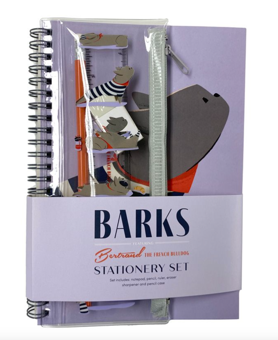 Barks Bertrand the French Bulldog Spiraalisidottu muistikirja ja penaali sisältöineen