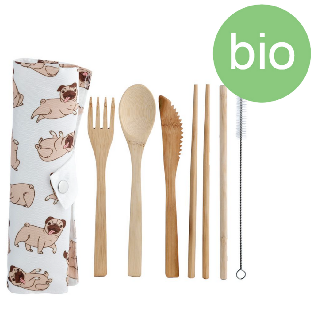 Mopsi 100% bambu aterinsetti kangaskotelossa